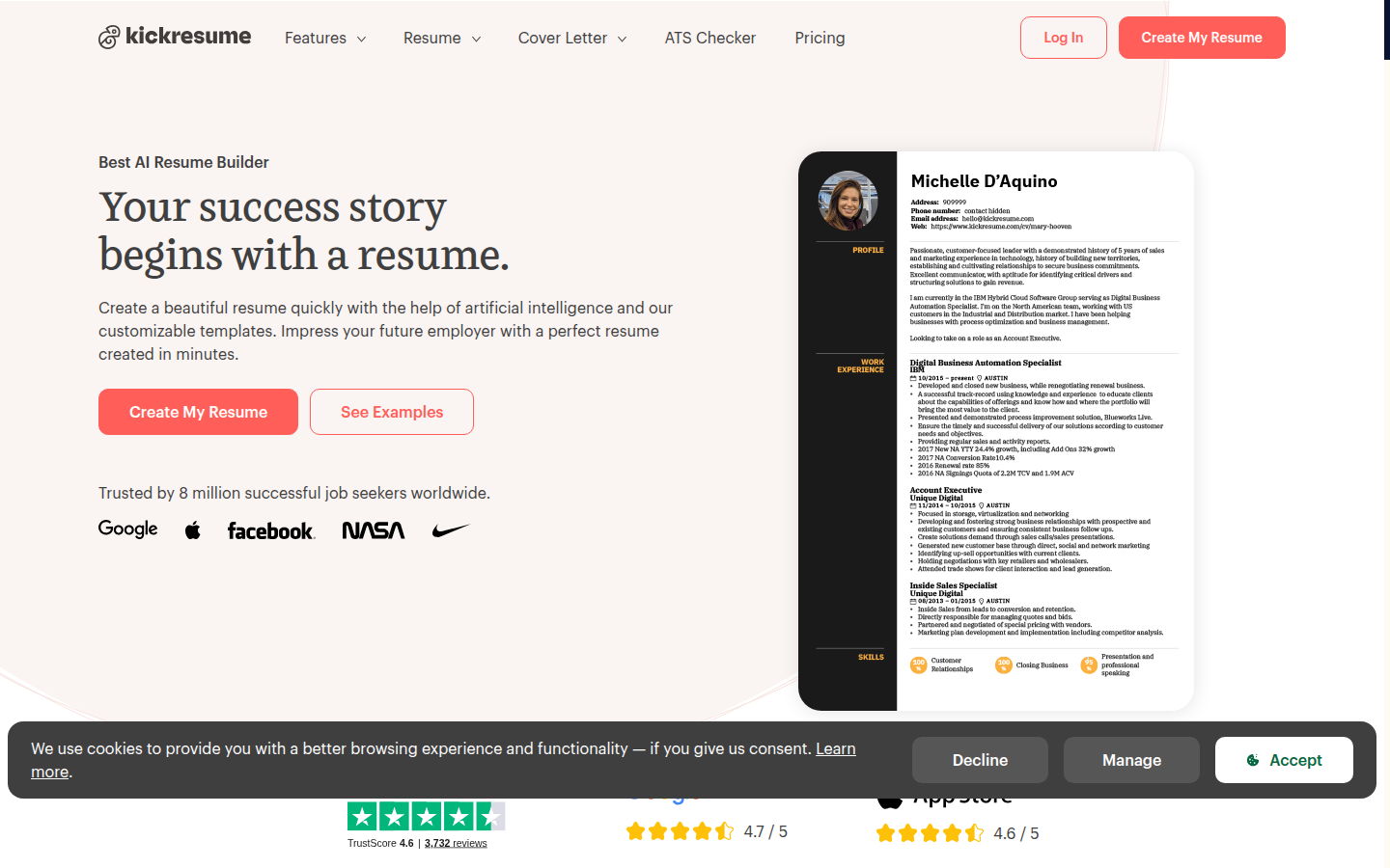 Kickresume homepage