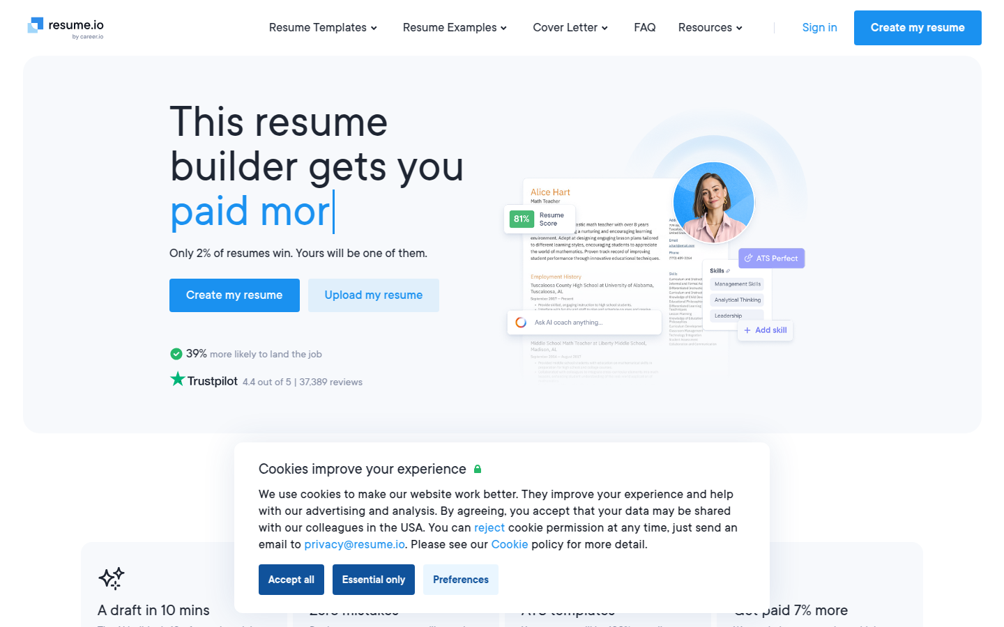 Resume.io homepage